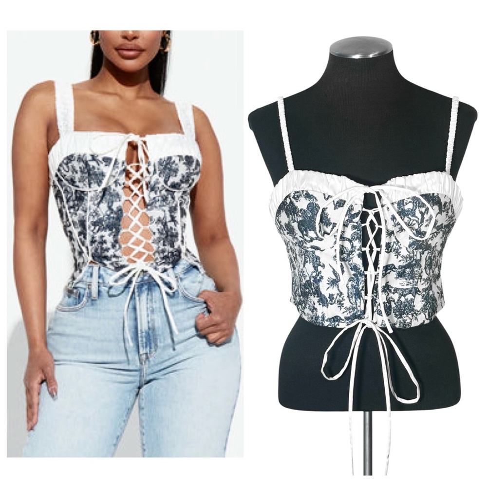Tic Toc – Lace Up Tapestry Jacquard Pleated Strappy Crop Top – Large